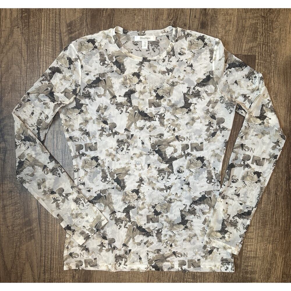 Max Mara Sheer Mesh Top Long Sleeve Abstract Print Beige Stretch